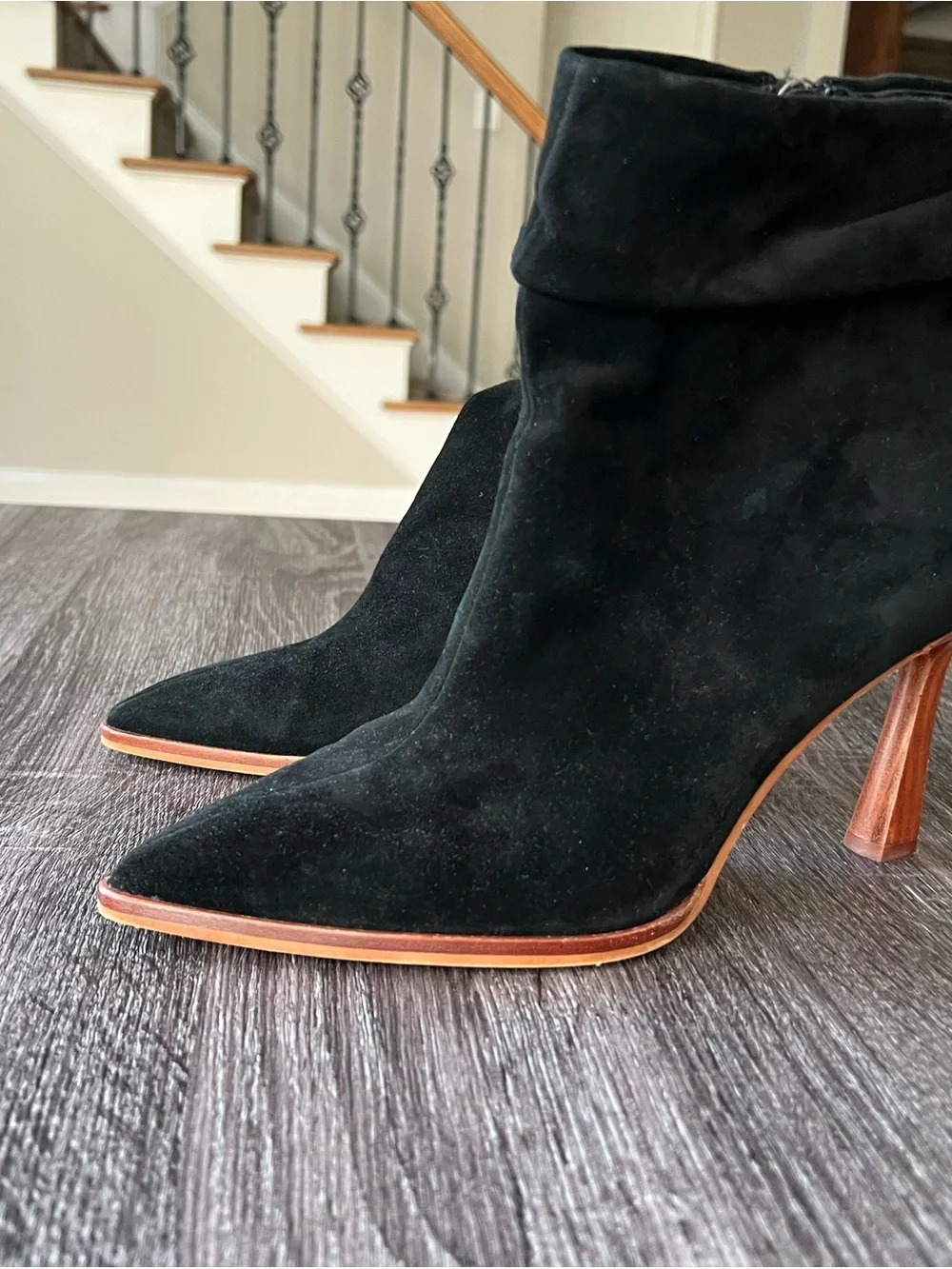 Vince Camuto Black Suede Pointed Ankle Booties with Wood Stacked Heel | Size 8